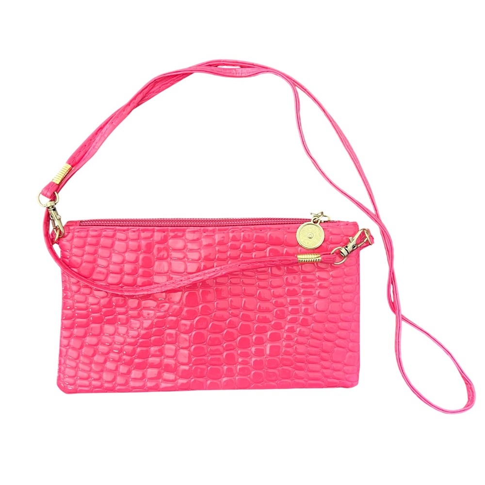 Hot Pink Faux Leather Alligator Embossed Micro Mini Crossbody Purse Bag